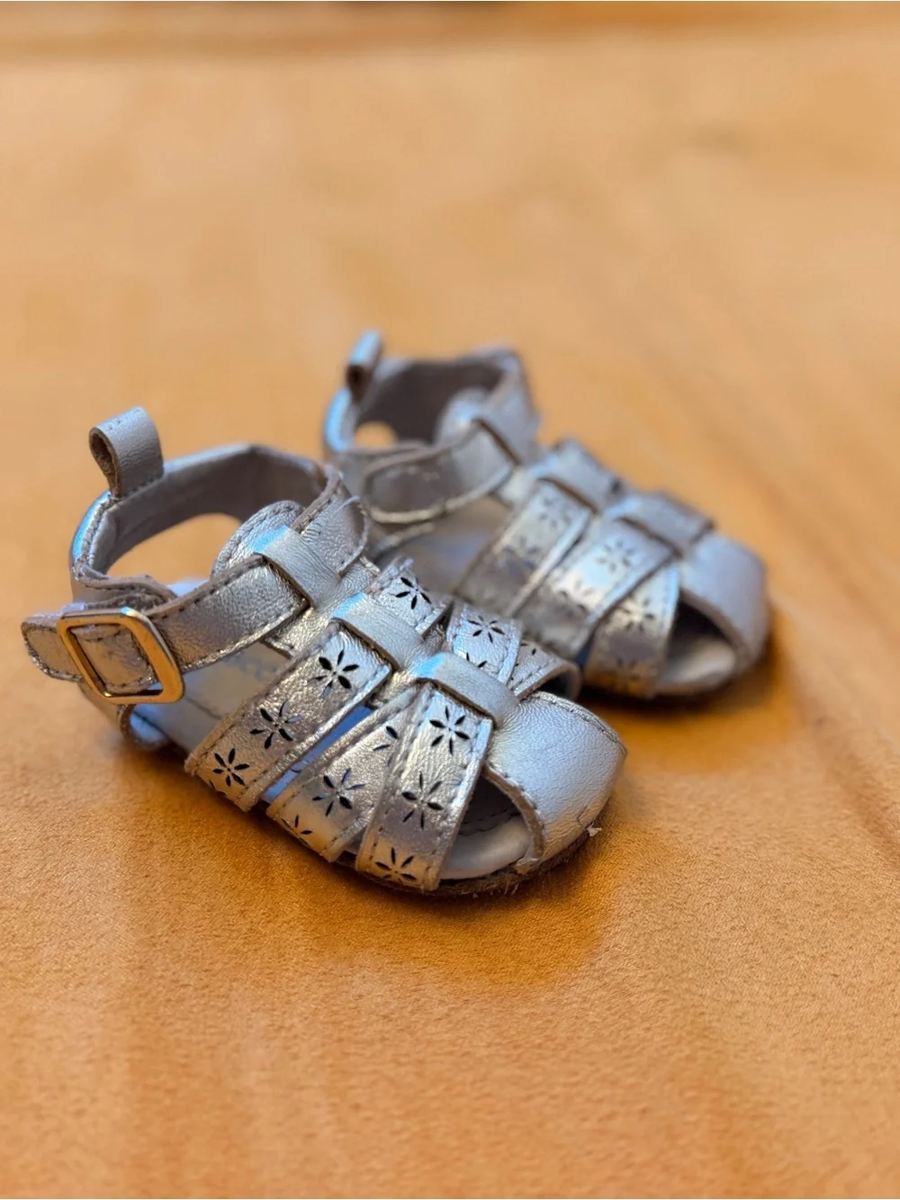 Robeez Metallic Goldish Silver Baby Sandals with Floral Cutouts